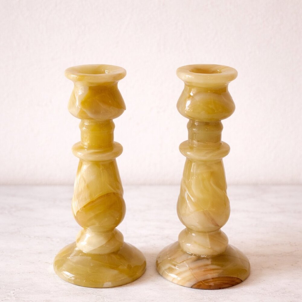 Vintage Banded Onyx Marble Candlestick Holders Set of 2 - 6” Tall